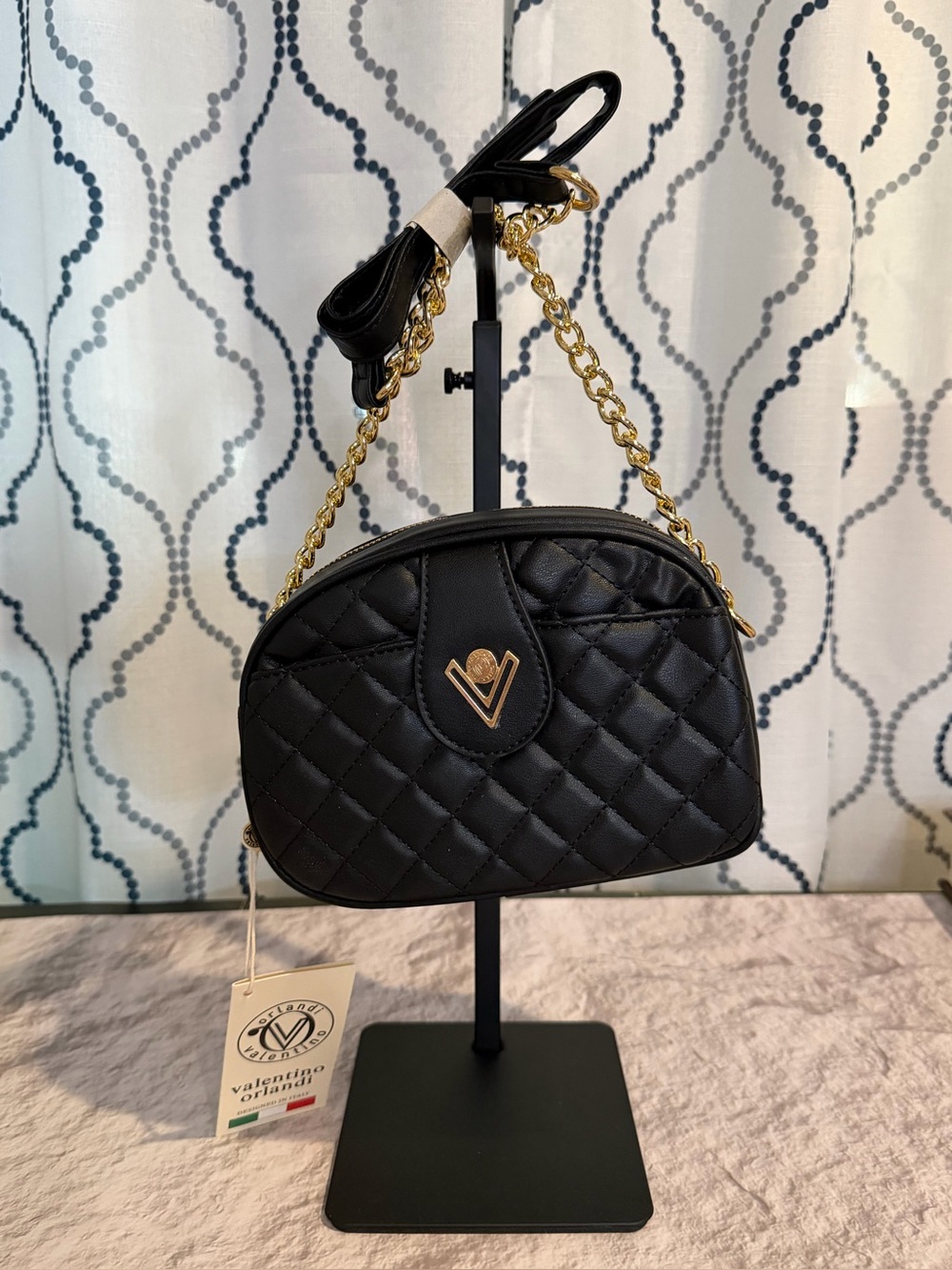 Valentino Orlandi Black Quilted Crossbody with Gold Chain Strap
